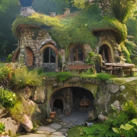 in front hangs a one-story fabulously magical house of a fairy, a wizard, a wizard, built of stone, covered and merged with nature, the roof reaches the ground and is completely covered with grass and green grass, a large veranda. from in front of a table and chairs made of branches, a large barbecue, windows, stone chimney, spacious inside, avant-garde ecologically independent house merging with nature built from natural materials found in nature, fantastic fairytale style, photorealism, sense of harmony and tranquility, relaxation, fantasy and magic, magic, paradise <lora:MJ52_v2.0:1> <lora:xl_more_art-full_v1:1>