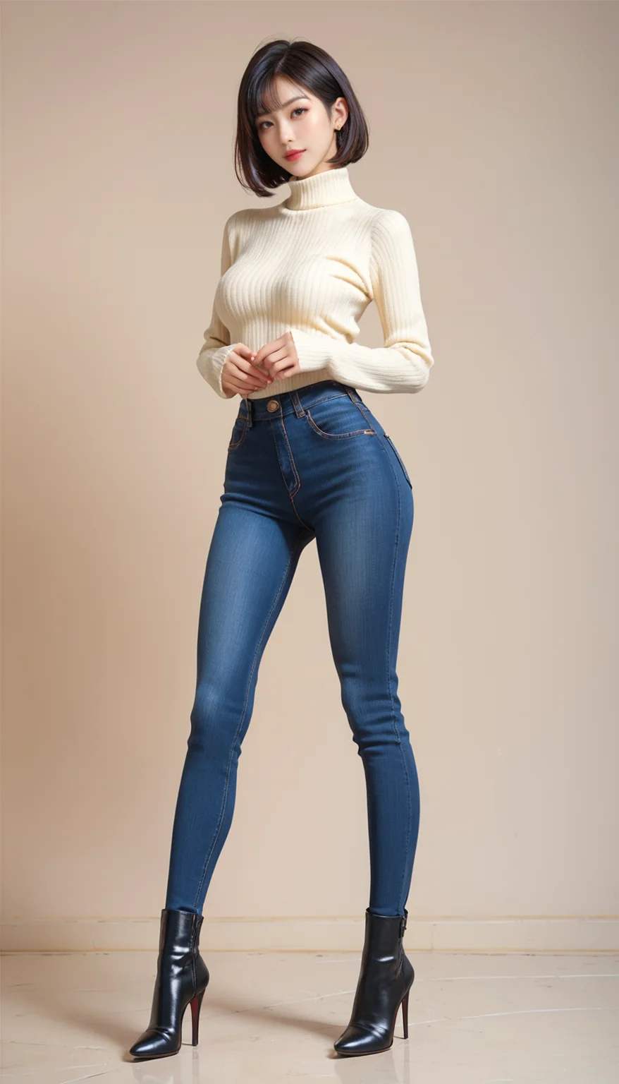 ,score_9,score_8_up,score_7_up, 20 years old, 8k, hd, beautiful girl, black hair, short hair, full body, pantyhose, high heeled boots, sweater, jeans short,
1girl, detailed face, beautiful woman's face,  white background, looking at viewer,