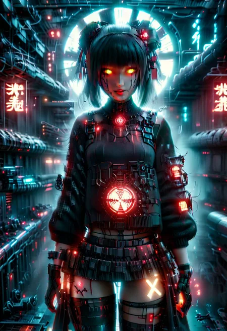 3d movie poster, cyberpunk cafe, young woman, rin tohsaka cosplay, detailed beautiful face, fingerless gloves, coat over sweater, red|black, (glowing hair buns, hair ornament), vantablack skirt, thighhighs, science fiction