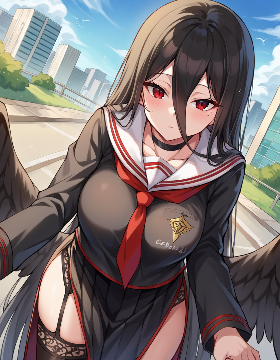 score_9, score_8_up, score_7_up, source_anime,
bluearchivehasumi, <lora:hasumi-hanekawa-ponyxl-lora-nochekaiser:1>,
hasumi, black hair, hair between eyes, long hair, mole, mole on breast, mole under eye, red eyes, wings, black wings, low wings, feathered wings,
black choker, black serafuku, black skirt, black thighhighs, garter straps, long sleeves, pleated skirt, school uniform, serafuku, side slit, skirt, thighhighs, white collar, whie sailor collar,
outdoors, cityscape, bent over,
looking at viewer, dutch angle, cowboy shot,