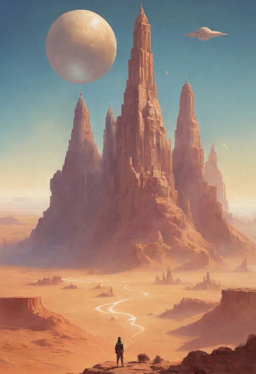 celestial sky, Loish, Leyendecker, james gilleard, celestial, ethereal, massive structure in distance, giant city, lost in desert