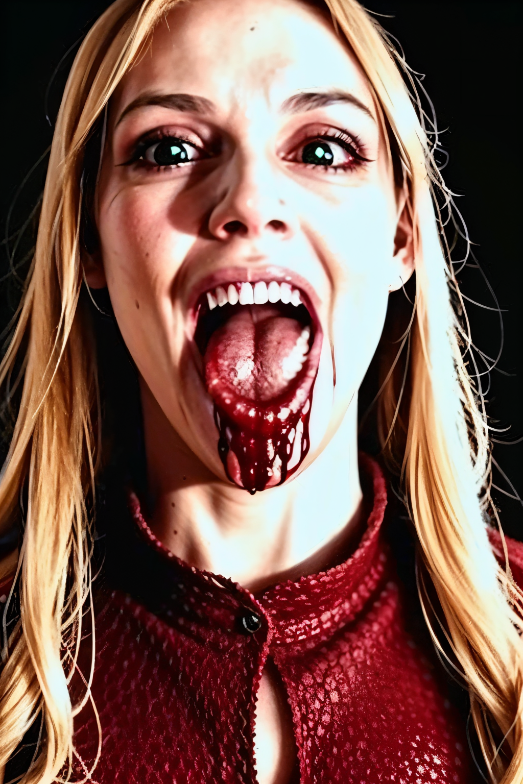 (Realistic:1.5) (masterpiece) (full body portrait)) horror blood on face smile, green eyes, indoors, glowing eyes, blood on face, fingernails, facial mark, tongue, what, scene reference, parody, black eyes, close-up, light, looking at viewer, red eyes,   <lora:EdobHorror_v1.0:0.8>