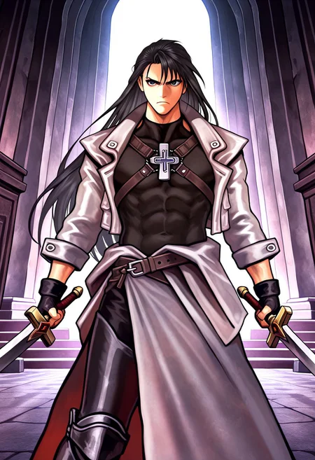 masterpiece, best quality, amazing quality, very aesthetic, absurdres, newest, 1boy, adult, male focus, hugbaldw, cutoff jacket, body harness with holy cross design, (long hair, black hair:1.1), charcoal greaves, gray skirt, black shirt, black pants, black fingerless gloves, standing, serious expression, holding claymore, dynamic angle, dark throne room, cowboy shot
