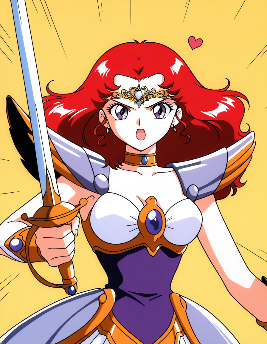 general,highres, ultra-detailed,very aesthetic,best quality ,best hands,  BREAK <lora:Scarlett_ohara_IS:1> Scarlett_ohara, 1girl,solo, red hair, long hair, purple eyes, breasts, 1990s (style), anime coloring, 
weapon, sword, solo, armor, short hair, jewelry, open mouth, choker, tiara, earrings, rapier, holding, blue eyes, shoulder armor, parody, holding weapon, heart, looking at viewer, circlet,
day, say,
