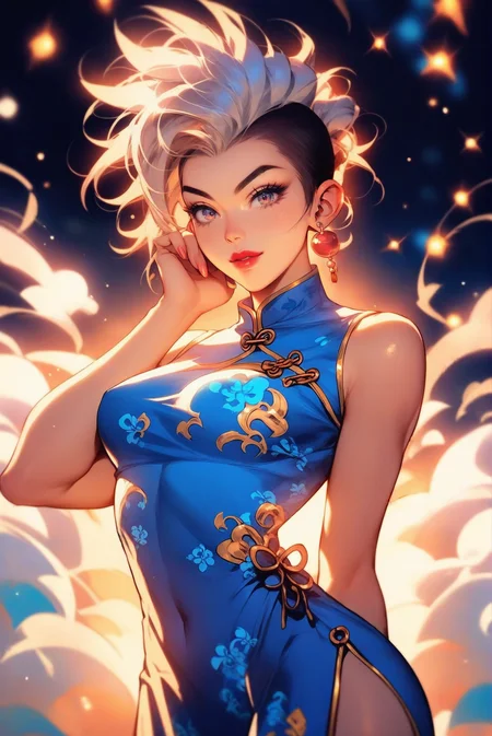 source_anime, score_9, score_8_up, score_7_up, anime style, big pretty eyes, rating_safe, 1girl, woman, (twirling rogue:1.3), lipstick, pastel lightseagreen eyes, pose, ((china dress:1.2):1.2) [:outlandish, revealing costume design:0.2], bombshell hair, white hair, Mohawk, soft body, wide hips, narrow waist, medium breasts, chinese, Overgrown Greenhouse \(room\) in a beautiful,dilapidated scifi settlement in a Experimental Agriculture Zone<lora:EnvyPonyPrettyEyes01:1>