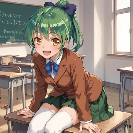 score_9, score_8_up, score_7_up, masterpiece, BREAK,
ai_aihara, green hair, yellow eyes, ponytail, hair ribbon, brown jacket, green skirt, solo, sitting on desk, white thighhighs, classroom, happy, excited,
<lora:Ai_Aihara_Futabu_-_Low_DIM:1>