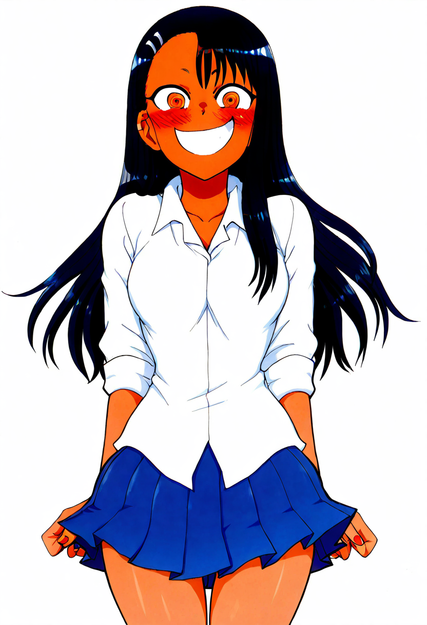 masterpiece, best quality, medium breasts, (curvy),   BREAK, zzNagatoro,  skirt, shirt, school uniform, white shirt, pleated skirt, nail polish, blue skirt, red nails, earclip, <lora:NagatoroNAI:1.0>,smile, looking at viewer, cowboy shot,   <lora:AfrobullNAI:0.8>,