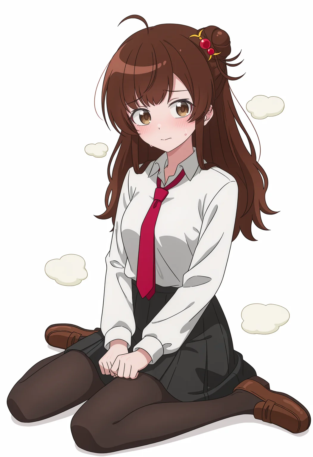<lora:Meg Raspberry_illustrious-000022:1>,
Meg Raspberry,solo,necktie,ahoge,shirt,facing viewer,red necktie,white shirt,school uniform,hair ornament,collared shirt,single hair bun,sitting,long sleeves,black pantyhose,black skirt,loafers,hands_on_lap,shy,blush,steam,sweatdrop,wariza,simple_background,white_background,brown eyes