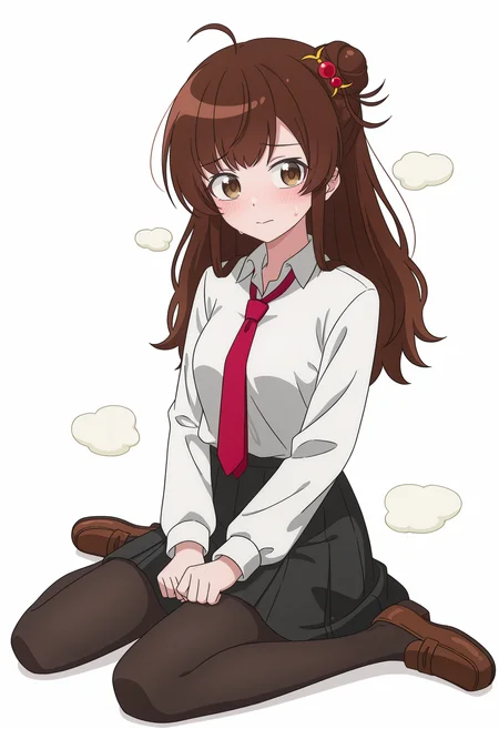 <lora:Meg Raspberry_illustrious-000022:1>,
Meg Raspberry,solo,necktie,ahoge,shirt,facing viewer,red necktie,white shirt,school uniform,hair ornament,collared shirt,single hair bun,sitting,long sleeves,black pantyhose,black skirt,loafers,hands_on_lap,shy,blush,steam,sweatdrop,wariza,simple_background,white_background,brown eyes