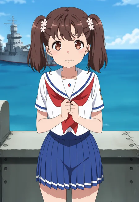 anime screencap, masterpiece, best quality,
<lora:HighSchoolFleet_ShiretokoRin_IlluXL:0.9>,
1girl, solo, closed mouth, wavy mouth, worried,
two side up, short hair, brown hair, brown eyes, hair flower,
white sailor collar, white shirt, red neckerchief, short sleeves, pleated skirt, blue skirt,
standing, looking at viewer, cowboy shot,
horizon, dock, outdoors, battleship, warship, blue sky, blurry background