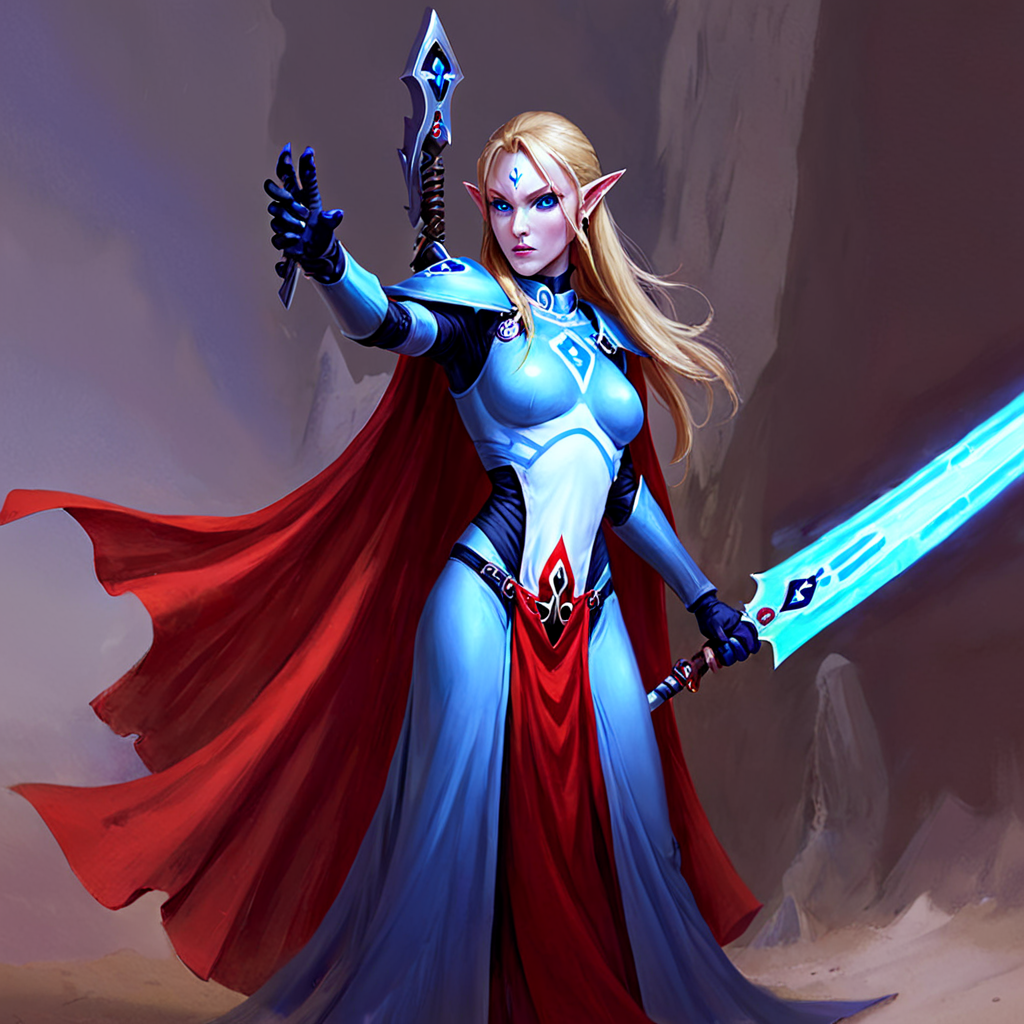 <lora:aeldari_xl_6:1>aeldari, asuryani, stadnart aeldari, aeldari's cape, aeldari's shoulder armor, 1girl, solo, long hair, blue eyes, blonde hair, gloves, dress, medium breasts, weapon, pointy ears, sword, cape, glowing, red dress, flag, glowing weapon