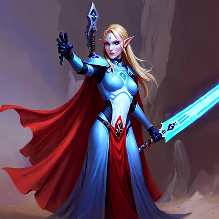 <lora:aeldari_xl_6:1>aeldari, asuryani, stadnart aeldari, aeldari's cape, aeldari's shoulder armor, 1girl, solo, long hair, blue eyes, blonde hair, gloves, dress, medium breasts, weapon, pointy ears, sword, cape, glowing, red dress, flag, glowing weapon