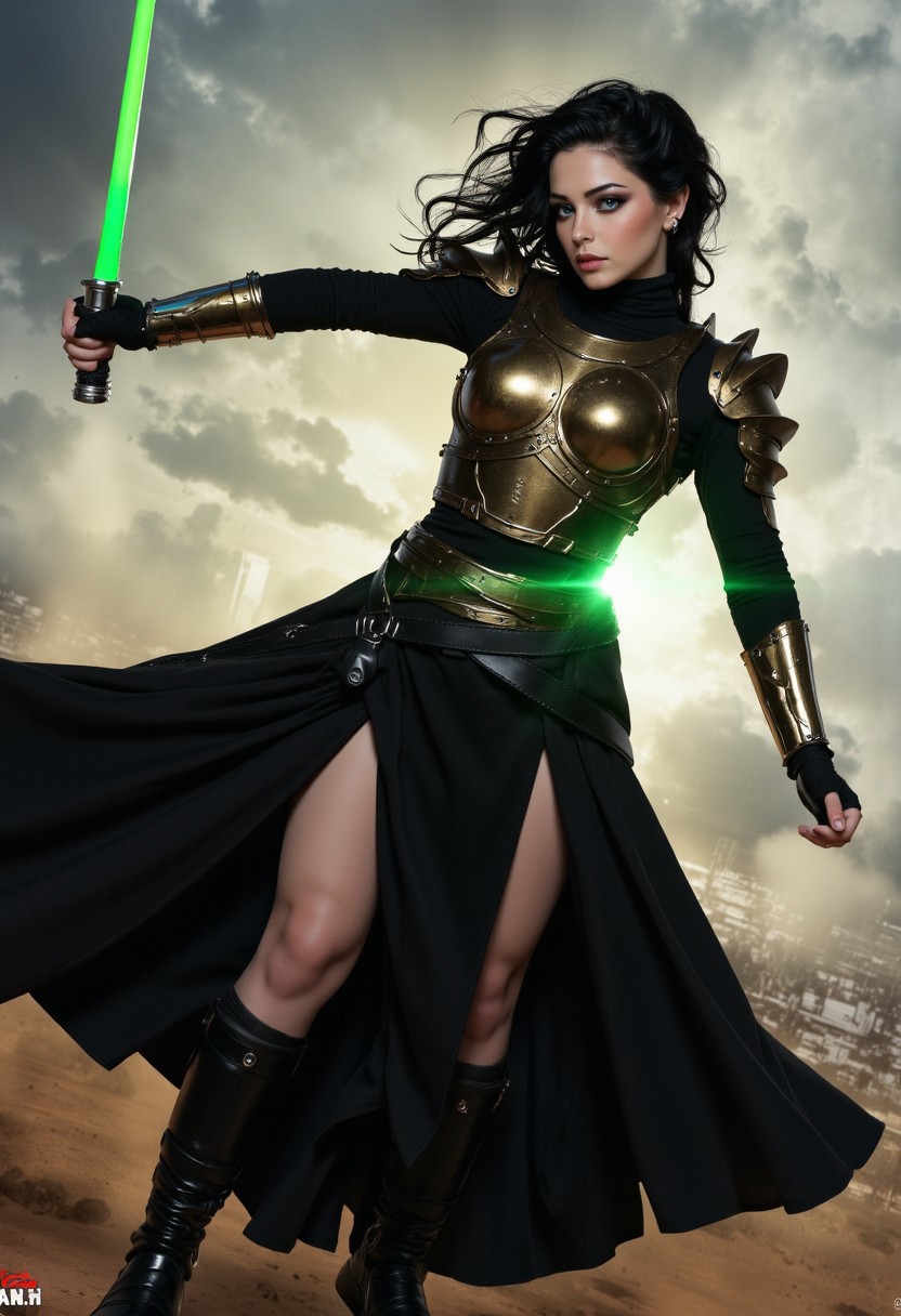 Illustration combining oil-canvas and semi-realistic comic-book style image with a Star Wars theme, star wars style, mythp0rt, Pale skin tone, dynamic, woman. The main subject of the image is a beautiful French woman in her 20s, with an above waist portrait. She is an incredibly beautiful Goth GIrl with very pale skin, with messy black hair, blue eyes, high cheekbones, and full rosy lips. She has supermodel good looks, with a thin waist. Her hair is chin-length, and highly detailed. She has one beauty mark mole beside her mouth. She has smokey eyeshadow. She is wearing a sci-fi bronze raiment of armor including a breastplate. She is wearing long black robes resembling Revan, leather boots, bracers, belt, featuring a long skirt. She is attacking with a single green lightsaber in a glamorous pose, stretching in such a way that it demonstrates sensual physicality, at unique angles. She is standing on a dramatic battlefield, occluded with smoke and dust. Sharp Focus, Volumetric Lighting, Realistic Shading, Octane Render, Realistic, professional, 4k, highly detailed,, portrait photography, capturing emotion, personality, flattering lighting, professional, engaging, compelling composition, play of shadow and light, rays of light, cinematic quality, Beauty