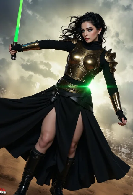 Illustration combining oil-canvas and semi-realistic comic-book style image with a Star Wars theme, star wars style, mythp0rt, Pale skin tone, dynamic, woman. The main subject of the image is a beautiful French woman in her 20s, with an above waist portrait. She is an incredibly beautiful Goth GIrl with very pale skin, with messy black hair, blue eyes, high cheekbones, and full rosy lips. She has supermodel good looks, with a thin waist. Her hair is chin-length, and highly detailed. She has one beauty mark mole beside her mouth. She has smokey eyeshadow. She is wearing a sci-fi bronze raiment of armor including a breastplate. She is wearing long black robes resembling Revan, leather boots, bracers, belt, featuring a long skirt. She is attacking with a single green lightsaber in a glamorous pose, stretching in such a way that it demonstrates sensual physicality, at unique angles. She is standing on a dramatic battlefield, occluded with smoke and dust. Sharp Focus, Volumetric Lighting, Realistic Shading, Octane Render, Realistic, professional, 4k, highly detailed,, portrait photography, capturing emotion, personality, flattering lighting, professional, engaging, compelling composition, play of shadow and light, rays of light, cinematic quality, Beauty