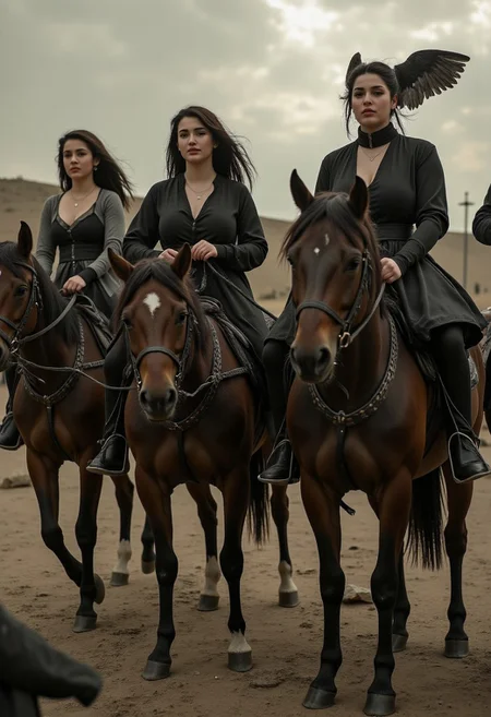 four beautiful women on horses representing the four horsemen of the apocalypse. A dystopian scene as the women ride the horses, dark angelic women,