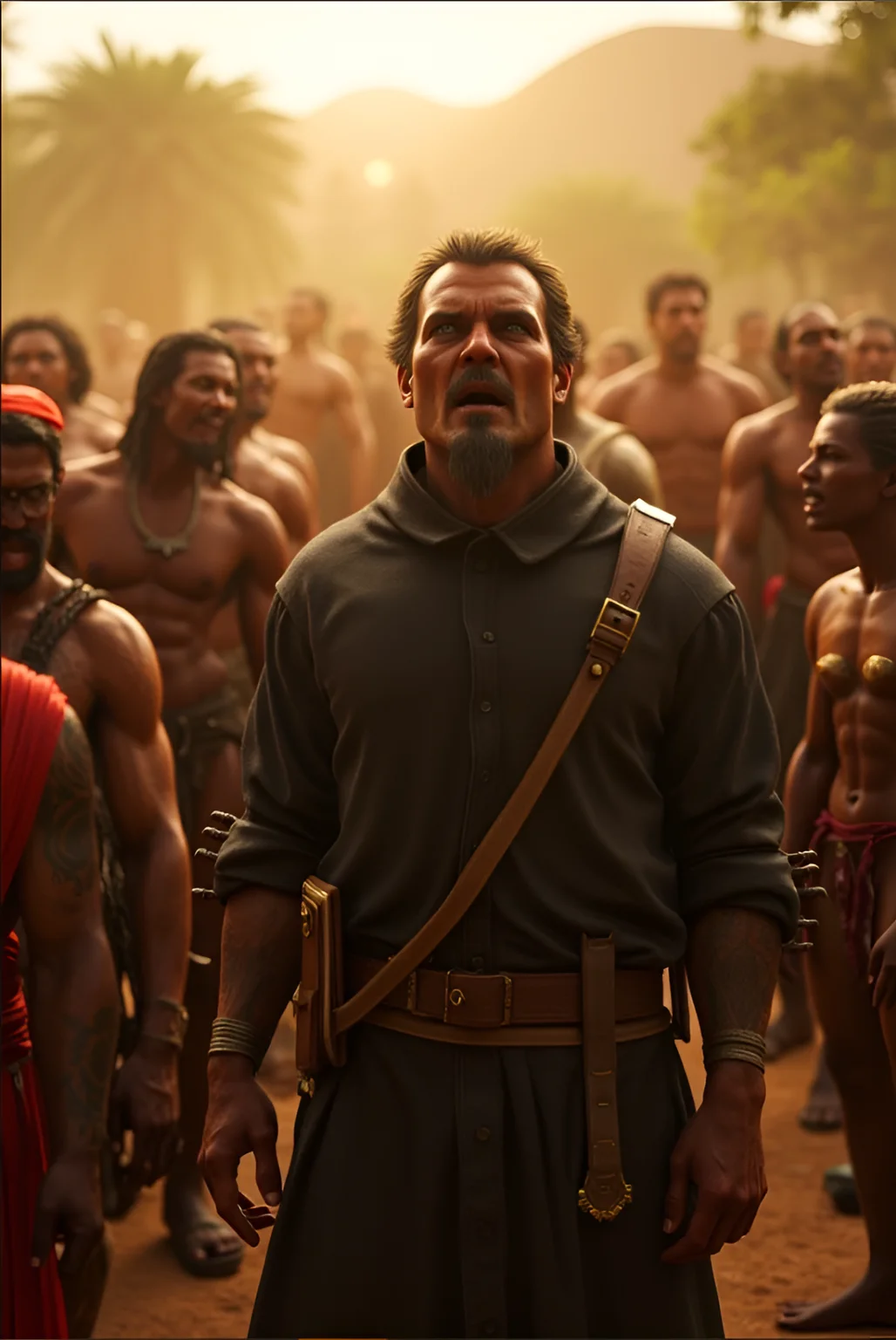 3D Render Style, male_focus, facial_hair, belt, beard, multiple_boys, weapon, scar, jewelry, outdoors, muscular, short_hair, necklace, mustache, tattoo, muscular_male, coat, looking_at_viewer, tree, black_hair, 1boy, 6+boys, blurry_background, bracelet, blurry, standing, realistic, scar_on_face, brown_belt