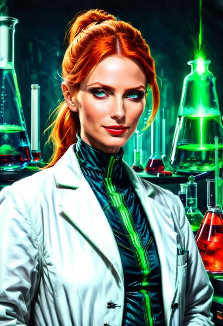 Necron, electricity, green glow, green theme, (red:1.6), (close up:1.6), Stable_Yogis_PDXL_Positives, (Victorian blouse), Realism_Quality_2xx_By_Stable_Yogi, (anatomically correct:1.6), photo, photo_realistic, 1girl, mature_woman, European, 27 years old, parted_lips, choker, seductive smile, sultry, serious stare, stern look, close-up, eye shadow, makeup, milf, mature female, pureerosface_v1, Expressiveh, intricate_details_xl, natural skin, realistic, hands out of view, red lipstick, makeup, long ponytail, streaked hair, Orange hair, black streaks in her hair, long side bangs, black highlights in bangs, thick lips, mega ponytail, big hair, tall, natural blue eyes, high neck closure, fitness body, toned muscles, high cheekbones, solo, (fully dressed:2), high turtle neck, outdoors, (hands hidden:1.7), short sleeves, closed dress, high neck closure, gentle smile, closed mouth, short puffy sleeves, (laboratory:2), big fluffy hair in all directions, add-detail-xl, luna_flex_v4_sdxl_3500_lora_f32, (white lab coat:2), (hurut:4.9).