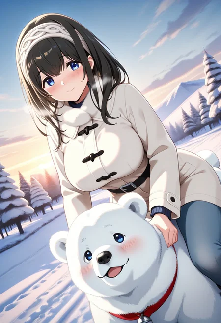masterpiece, best quality, newest, absurdres, highres, anime,
fumika sagisawa, blue eyes, black hair, long hair, large breasts,
blush, smile,
winter clothes,
1girl, solo,
outdoors, winter,
Animal Christmas, cute animal, polar bear,
riding,
dutch angle,