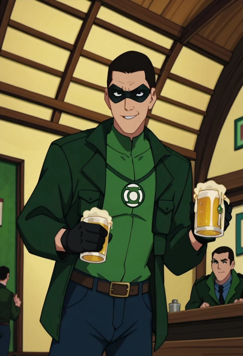 score_9, score_8_up, score_7_up, score_6_up, 1boy, 
Davey-StoneX, Short hair, very short hair, black eyes, Smug expression,  
, dutch angle, GreenLaternCOS, superhero,
green jacket, belt,
BREAK green ring, gloves, skin tight, bodysuit, mask, black and green bodysuit,domino mask, holding beer on hand, screencap, disney art style,