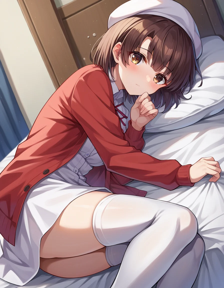 score_9, score_8_up, score_7_up, source_anime,
megumikatou, <lora:megumi-katou-ponyxl-lora-nochekaiser:1>
megumi katou, brown hair, brown eyes,
short hair, hat, jacket, long sleeves, thighhighs, white headwear, white thighhighs, dress, white dress, red jacket, white hat, open cardigan, open clothes,
indoors, bed, bed room, on side, blush, drunk,
looking at viewer, dutch angle, cowboy shot,