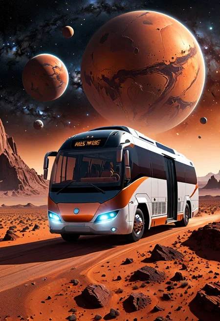 beat quality of a futuristic bus, flying in the universe, toward to mars, photorealistic, fantasy