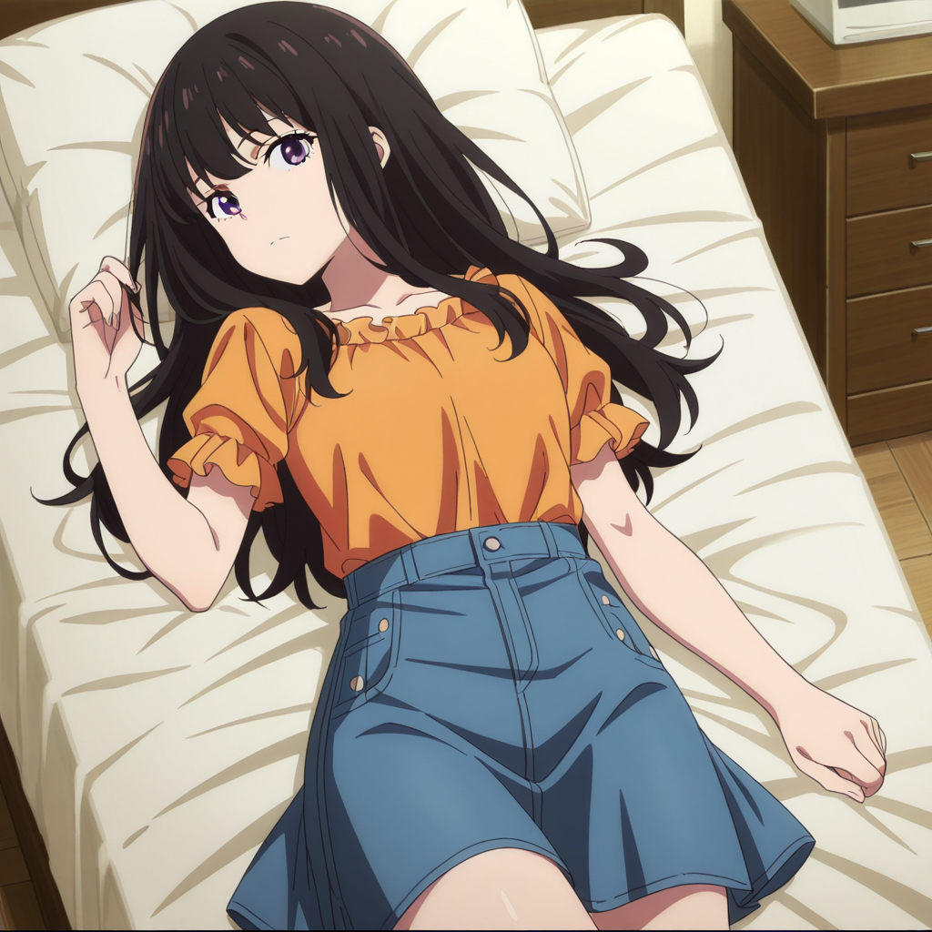 nsfw, masterpiece,best quality,amazing quality,1girl, solo, lycoris_recoil_takina_lnoue, lying, on back, black hair, long hair, shirt, purple eyes, bangs, anime coloring, skirt, closed mouth, blue skirt, short sleeves, looking at viewer, yellow shirt, frills, frilled shirt, collarbone, denim, orange shirt, bedroom, bed, <lora:Takina_Inoue_-_Lycoris_Recoil:0.7>