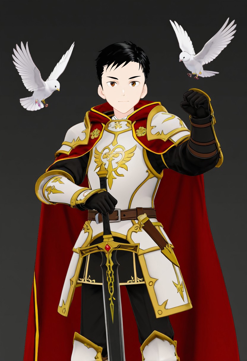 harmard, black hair, short hair, brown eyes, 1boy, solo, solo focus, young, youthful, he is dressed in a suit of dark iron platemail. Break. his right hand is holding up a black coloured sword, Properly holding the sword by the hilt, right hand up, brandishing a sword, his armour bears a crest of a yellow dove. fantasy armour. stylized silver dove emblems and symbols on armour and sheild. Break. epic background is a a beautiful palace. a strong wind is blowing his cape, white coloured armour, ready to fight pose, dawn sky in the background
