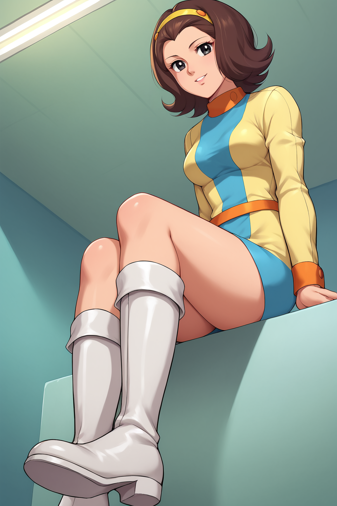 score_9, score_8_up, score_7_up, score_6_up, BREAK, MiwaUzukiKJXL, 1980s (style), black eyes, brown hair, short hair, yellow hairband, forehead, medium breasts, yellow dress, blue dress, two-tone dress, orange belt, short skirt, white boots, solo, sitting, boots focus, feet close up, bellow view, seductive smile, looking at viewer, indoors <lora:MiwaUzukiKJXL:1>