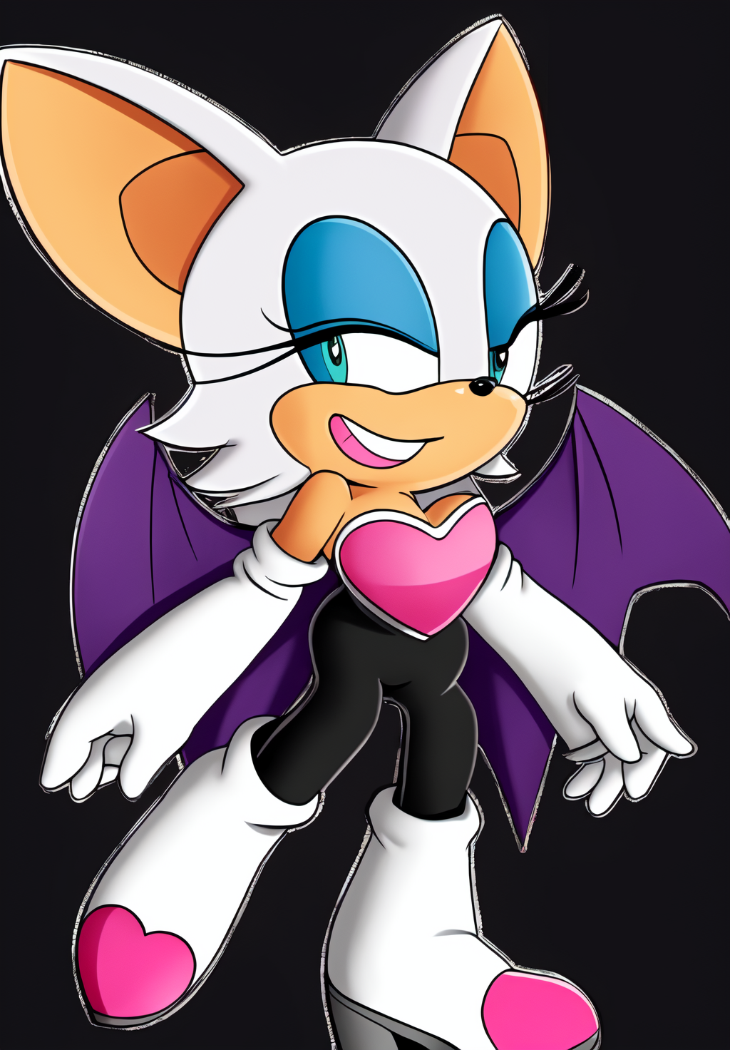 <lora:Rouge_the_Bat:0.8>, Rouge_the_Bat, 1girl, solo, looking at viewer, smile, simple background, bare shoulders, closed mouth, standing, full body, heart, looking to the side, bodysuit, happy, trembling, black background, black bodysuit