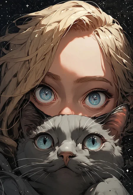 score_9, score_8_up, score_7_up, score_6_up, score_5_up, score_4_up,  girl and a gray cat, (black star:1.2), girl has blonde hair and blue eyes, small eyes, galaxy, black background
