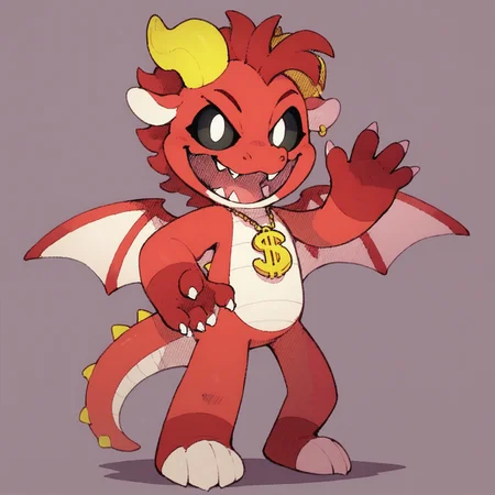 score_9, score_8_up, score_7_up, solo, dragon, cute, anthro, horns, horn, red body, furry, wings, tail, sharp teeth, sharp teeth, claws, dragon horns, white eyes, black sclera, cartoony, standing, waving hi