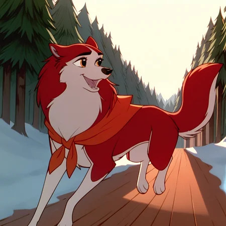 score_9, score_8_up, score_7_up, score_6_up, score_5_up, score_4_up, BREAK, <lora:Jennabalto:1>, 1girl, jenna\(balto\), animal, solo, wolf, two tone fur, red fur, white fur, outside, running, trees, daytime, amber eyes, neckerchief, smile open mouth,