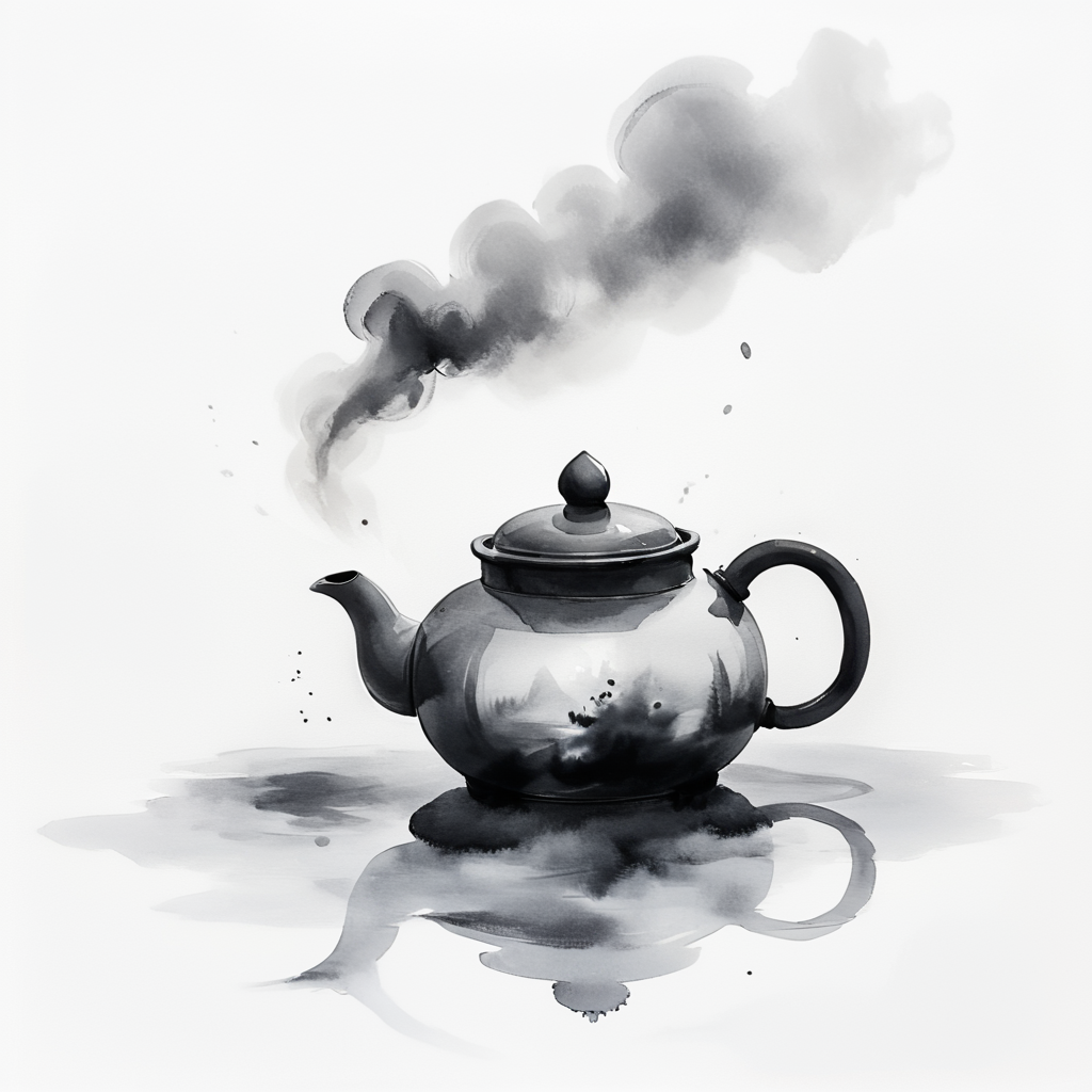 <lora:Zen_Ink_Wash_Sumi-eSDXL:1> ArsMJStyle, Zen Ink Wash Sumi-e, A simple teapot with steam rising, monochrome, greyscale, minimalistic, white background, no humans, traditional media, ink, solo, still life.