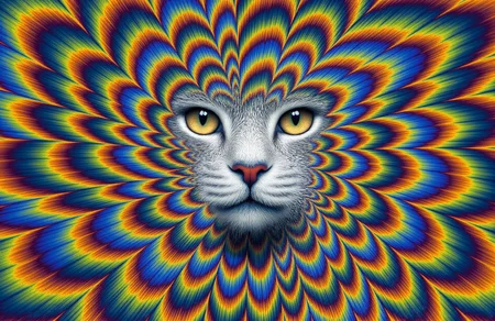 **Subject/Character:**  
A detailed, close-up portrait of a majestic white Maine cat with long, luxurious fur that flows softly. Its mane is thick and voluminous, adding a regal and elegant appearance. The cat’s eyes are replaced with vibrant, hypnotic optical illusions resembling a colorful pattern similar to a psychedelic vortex. The intricate patterns radiate outward in concentric zigzags of vivid neon blue, orange, and yellow, creating a mesmerizing, mind-bending effect. (((creating a dizzying effect that stretches into infinity))). The glowing eyes become the focal point of the image, drawing the viewer into their surreal, hypnotic depth. The cat’s fur is richly textured with tones of white and black, adding lifelike detail and contrast to the surreal elements. The expression of the cat is intense and otherworldly, adding to its mysterious, trippy vibe.

**Background:**  
The background is minimal and dark, fading into deep shadowy tones to ensure the vibrant optical illusions in the cat’s eyes and the detailed textures of its fur remain the central focus. The lack of clutter in the background creates a stark contrast that enhances the visual impact of the glowing, illusion-filled eyes.

**Style:**  
The art style is hyper-realistic for the fur and facial details, seamlessly blended with surreal and psychedelic elements in the optical illusion eyes. The glowing, vibrant colors of the eyes are saturated and bold, contrasting with the earthy tones of the fur. The overall tone is haunting, hypnotic, and captivating, combining realism with a trippy, surreal aesthetic. Strong lighting and shadow are used to create depth and focus, ensuring the hypnotic eyes dominate the scene while maintaining balance in the composition.

MESMERIZING OPTICAL ILLUSION, ArsMovieStill, 80s Fantasy Movie Still, aidmaMJ6.1
