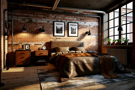no humans,no animals,A private snapshot of a Industrial Style Bedroom, a stylish industrial bedroom with exposed brick walls, a metal bed frame, and a wooden nightstand. The room features soft Edison bulb lighting, a leather armchair, and a mix of modern and vintage décor.,, Masterpiece,best quality,realistic,HDR, 8K, masterpiece, best_quality, absurdres, ultra-detailed, highly_aesthetic, depth_of_field