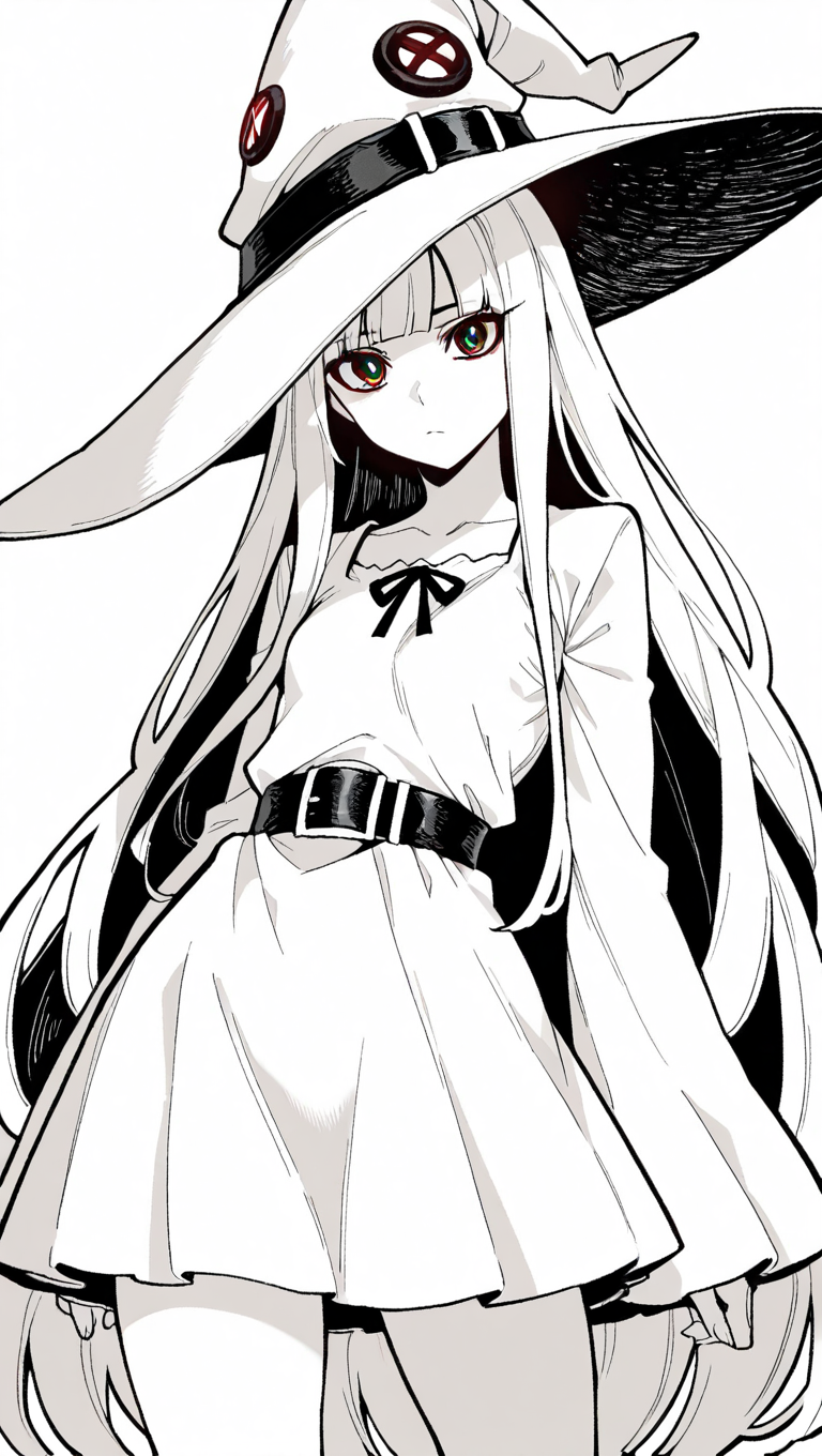 1girl, bangs, dress, hat, long hair, long sleeves, looking at viewer, sketch, solo, very long hair, white background, white theme, witch hat <lora:EchoBloom:1> monochrome, greyscale,spot color,