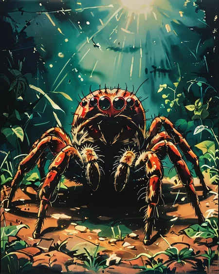 photograph, Spider, spotlight, Sony A9 II, F/8, very detailed, amazing quality, intricate, cinematic light, highly detail, beautiful, surreal, dramatic <lora:Vintage_Anime:1>