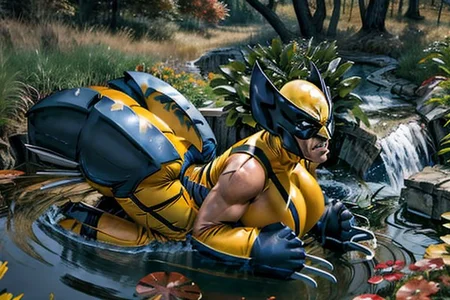 (pooltoy:0.8), floating on pond, canadian wilderness  masterpiece ,best quality, side view, full body, sideview, short, (wolverine costume), wolverine mask, butch, solo, claws superhero, breasts