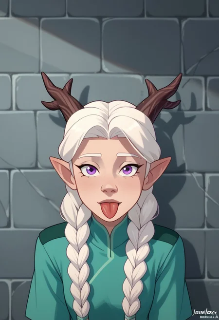 score_9, score_8, score_7, score_6,
triplevexx, solo, Lujanne, Elf, Moonelf, Horns, Long Twin Braids, White Hair, looking at viewer, leaning against marble wall, sticking tongue out, purple eyes,