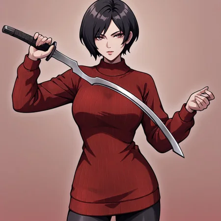 masterpiece, best quality, newest, absurdres, highres, anime, anime style, holding sword, holding weapon, holding, KHV1.0, khopesh, sword, weapon, 1girl, Ada_wong, /(resident evil/), asian, asian female, short hair, black hair, sweater, red sweater,