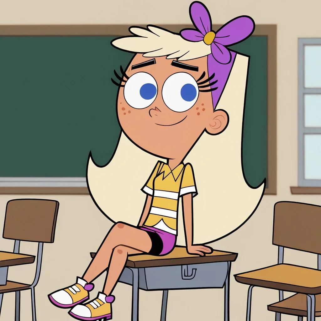 score_9, score_8, score_7, BREAK, chloe_fop, long hair, blonde hair, blue eyes, freckles, hair bow, cute, sitting, crossed legs, classroom
