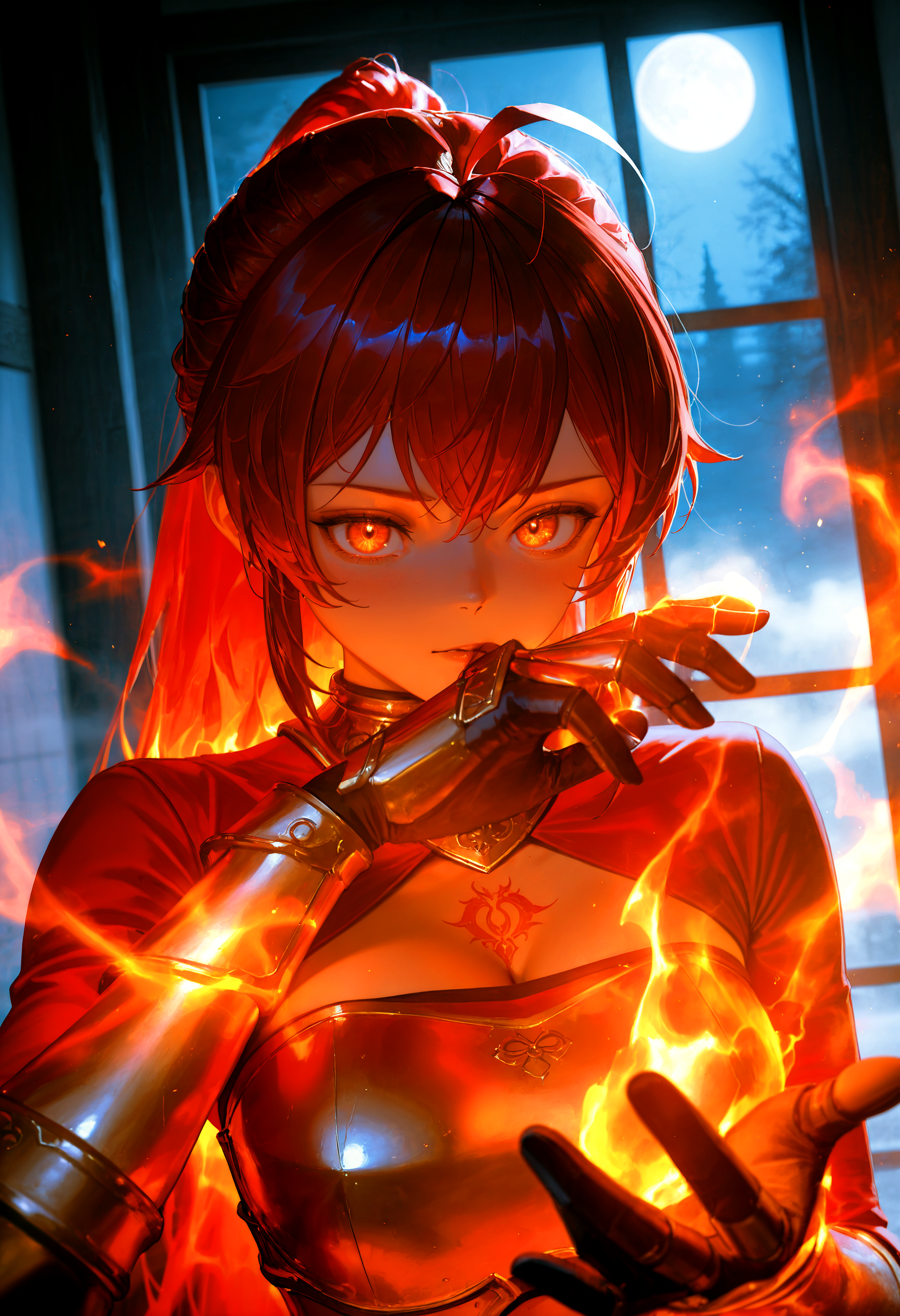 HDR, 8K, high contrast, masterpiece, best quality, amazing quality, very aesthetic, superabsurd res, high resolution, ultra-detailed, absurdres, newest, scenery, (horikoshi kouhei:0.3), (quasarcake:0.3), (wlop:0.3), light rays, chiaroscuro, dynamic angle,  foreshortening, fts_eris, 1girl, orange eyes, long hair, ponytail, ahoge, red hair, bangs, medium breasts, tattoo, jewelry, armor, breastplate, collar, clothing cutout, shrug (clothing), cleavage, gloves, vambraces, bracer, gauntlets, fire aura, fire magic, half body portrait, posing, perfect hand, reaching, looking at viewer, hand focus, close up on hand, moonlit, moon light, dim lighting, dark room, night time, window, fog, partially illuminated, (backlighting), Intricately designed, Mysterious Shadows, BREAK, photorealistic, beautiful detailed eyes, detailed skin, detailed hair, volumetric lighting, dappled light, light particles, dramatic shadows, cinematic lighting, photo background, depth of field, <lora:ponyxl\cfg_scale_boost:0.8> <lora:IL\KMS_FTS_Eris_IL-000009:0.8>