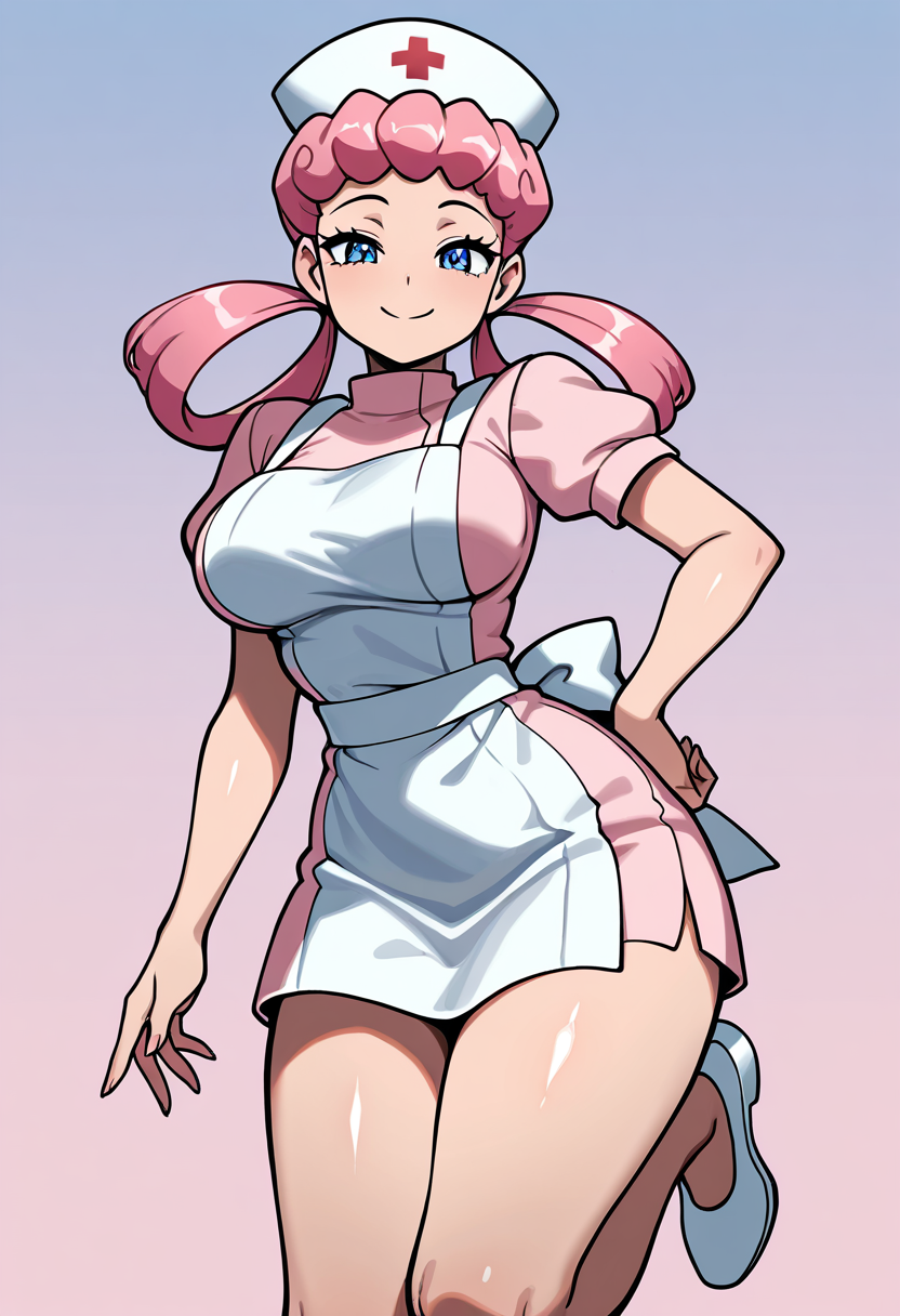 masterpiece, best quality, solo, curvy, beautiful eyes, narrow waist, 1girl, solo, smile, looking at viewer,  zzNurseJoy, blue eyes, pink hair, long hair, hair rings, nurse cap, nurse, pink dress, apron, white footwear,    ,<lora:NurseJoyPokemonIXL_v2:1.0>,cowboy shot, hand on hip, smug, smile, looking at viewer, shiny skin,