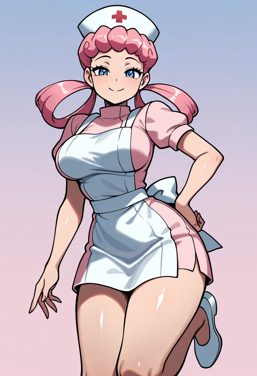 masterpiece, best quality, solo, curvy, beautiful eyes, narrow waist, 1girl, solo, smile, looking at viewer, zzNurseJoy, blue eyes, pink hair, long hair, hair rings, nurse cap, nurse, pink dress, apron, white footwear, ,<lora:NurseJoyPokemonIXL_v2:1.0>,cowboy shot, hand on hip, smug, smile, looking at viewer, shiny skin,