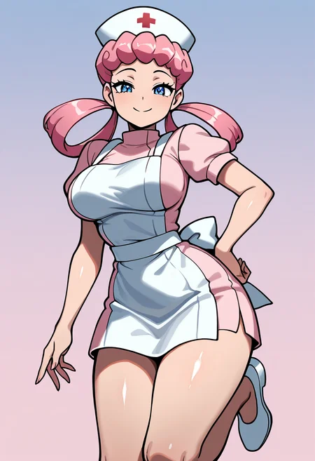 masterpiece, best quality, solo, curvy, beautiful eyes, narrow waist, 1girl, solo, smile, looking at viewer, zzNurseJoy, blue eyes, pink hair, long hair, hair rings, nurse cap, nurse, pink dress, apron, white footwear, ,<lora:NurseJoyPokemonIXL_v2:1.0>,cowboy shot, hand on hip, smug, smile, looking at viewer, shiny skin,