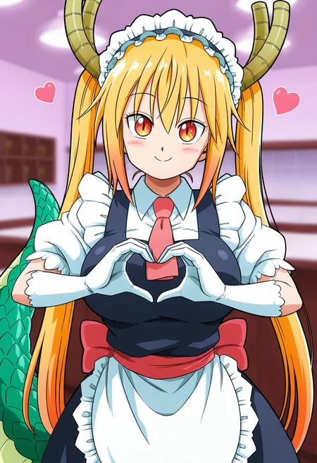masterpiece, best quality,  absurdres, highres, cinematic light, 1girl, <lora:yamamoto_doujin_style:1> yamamoto_doujin_style, toriyama akira \(style\), retro artstyle, tohru \(maidragon\), maid headdress, maid apron, maid, dragon tail, dragon horns, smile, light blush, blush stickers, heart hands, indoors, looking at viewer, maid cafe, cowboy shot, blurry background