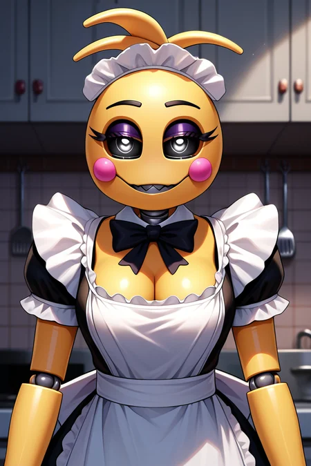 score_9, score_8_up, score_7_up, BREAK, 1girl, solo, breasts, <lora:toychica-guy-PONYv1:.85>, toychica, yellow skin, joints, robot, makeup, cleavage, portrait, maid, maid headdress, maid apron, bow, indoors, kitchen,
