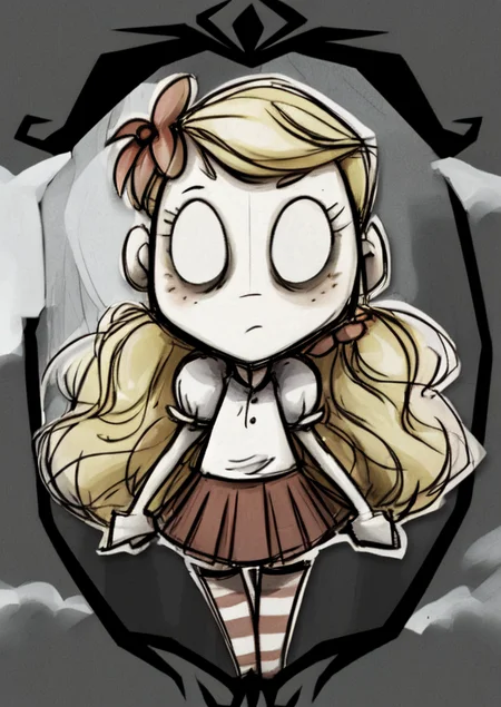 (masterpiece, best quality:1.2), extremely detailed, soft ambient lighting, sharp focus, 4K, BREAK Wendy, 1girl, solo, long blonde hair, white shirt, puffy short sleeves, red pleated skirt, striped thigh highs, no pupils, blank eyes, hair flower, looking at viewer, <lora:DontStarveWendy-20:1>, BREAK <lora:DST_v1:1>