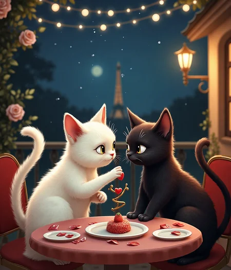 Imagine a charming, moonlit Parisian café terrace draped in a canopy of twinkling fairy lights and delicate strings of soft, glowing lanterns. At a small, elegantly set table adorned with scattered rose petals in shades of blush and red, two delightful cats share a magical date. One is a graceful white cat with long, velvety fur, and the other a sleek, midnight-black cat with eyes that sparkle like distant stars.

On the table lies a beautifully arranged gourmet dish: a shared plate of exquisitely prepared fish tartare, artfully garnished into a subtle heart shape that symbolizes their tender connection. In a playful nod to a classic cinematic moment, the two cats lean toward one another as they share the dish, reminiscent of the iconic ‘Lady and the Tramp’ spaghetti scene—but instead of pasta, they enjoy this delicacy that perfectly suits their feline tastes.

Their posture exudes elegance and affection. The white cat, with a relaxed yet attentive gaze, gently extends a paw toward its companion, while the black cat reciprocates with a soft, inviting tilt of the head. Their tails, luxuriously curved and expressive, brush against one another and twist together in a delicate, natural embrace—a silent, elegant formation of a heart.

The warm, ambient light from nearby candles and the gentle glow of the fairy lights creates an atmosphere of intimacy and romance. In the background, the softly blurred silhouette of the Eiffel Tower completes the scene, its lights twinkling like secret messages of love across the Parisian night. Every detail—from the fine porcelain dishes and the artistic presentation of their meal to the tender expressions on their faces—captures the enchanting blend of playful charm, sophisticated elegance, and heartfelt romance that defines this unforgettable Valentine's Day date.

