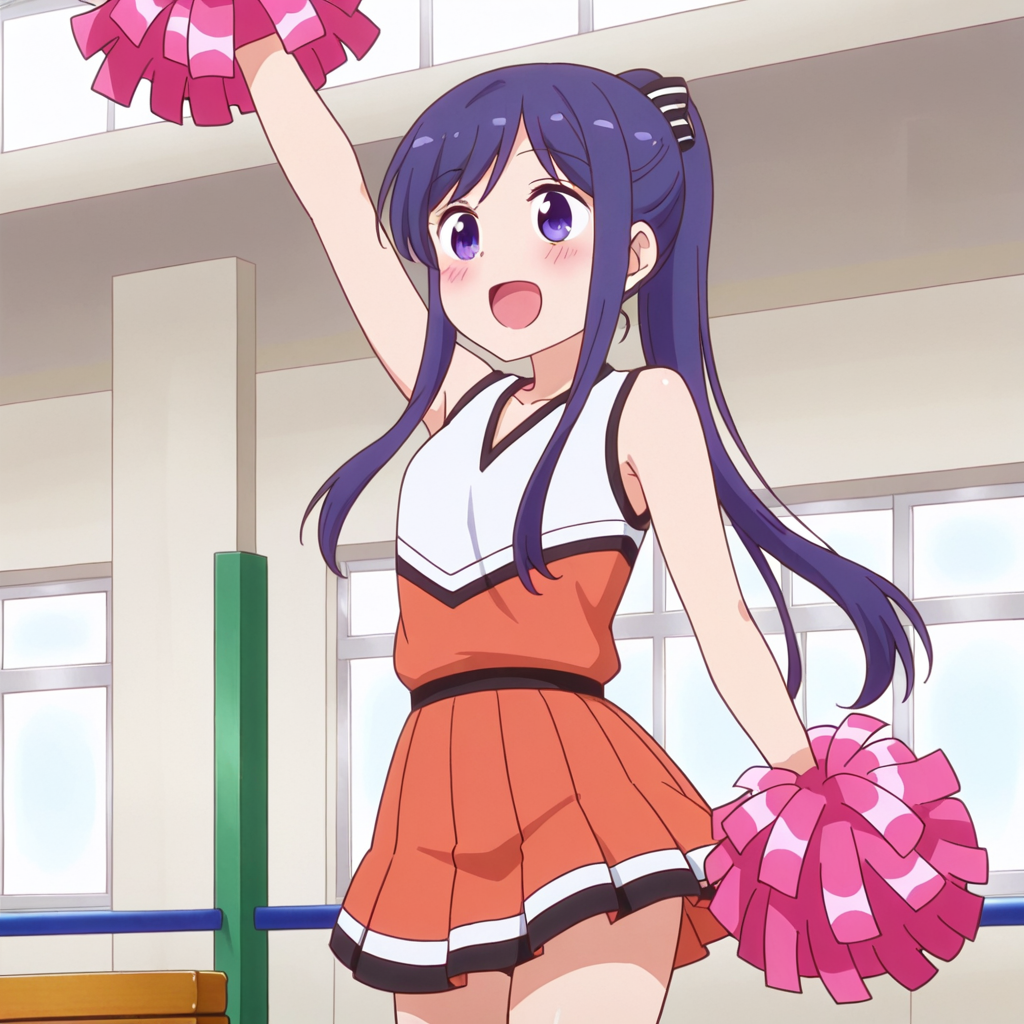 nsfw, masterpiece,best quality,amazing quality,1girl, solo, standing, anima_yell_hizume_arima, pom pom (cheerleading), cheerleader,open mouth, long hair, smile, purple eyes, ponytail, purple hair, :d, blush, sleeveless, arm up, cheering, blue hair, school gym, <lora:Hizume_Arima_-_Anima_Yell:0.7>